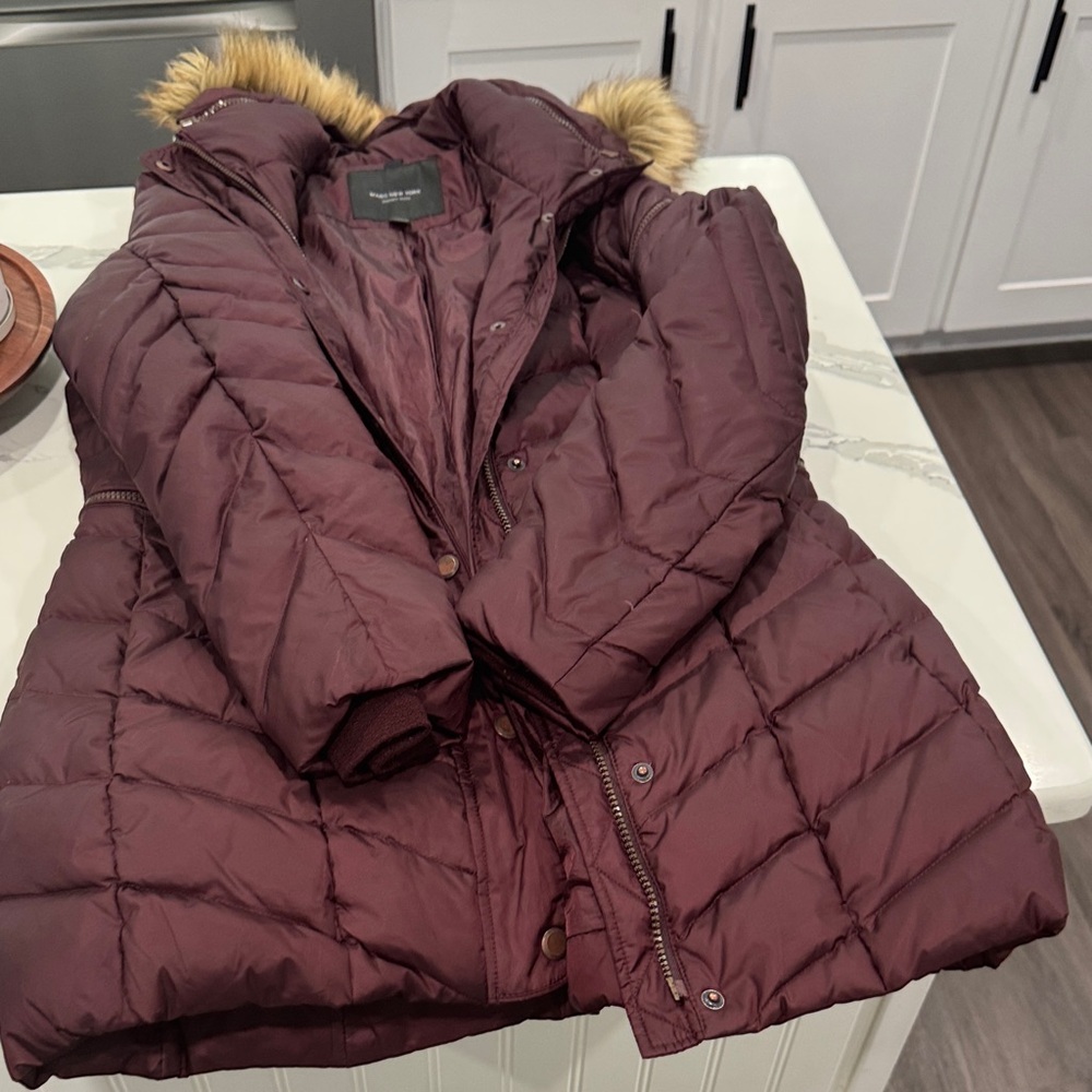Marc Fisher Maroon Puffer Jacket with Faux Fur Hood
